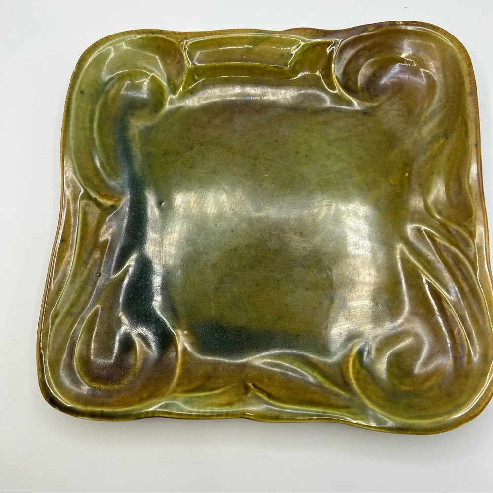 70s Green Heavy USA Pottery Serving Large Platter Makers Mark Absolutely Perfect